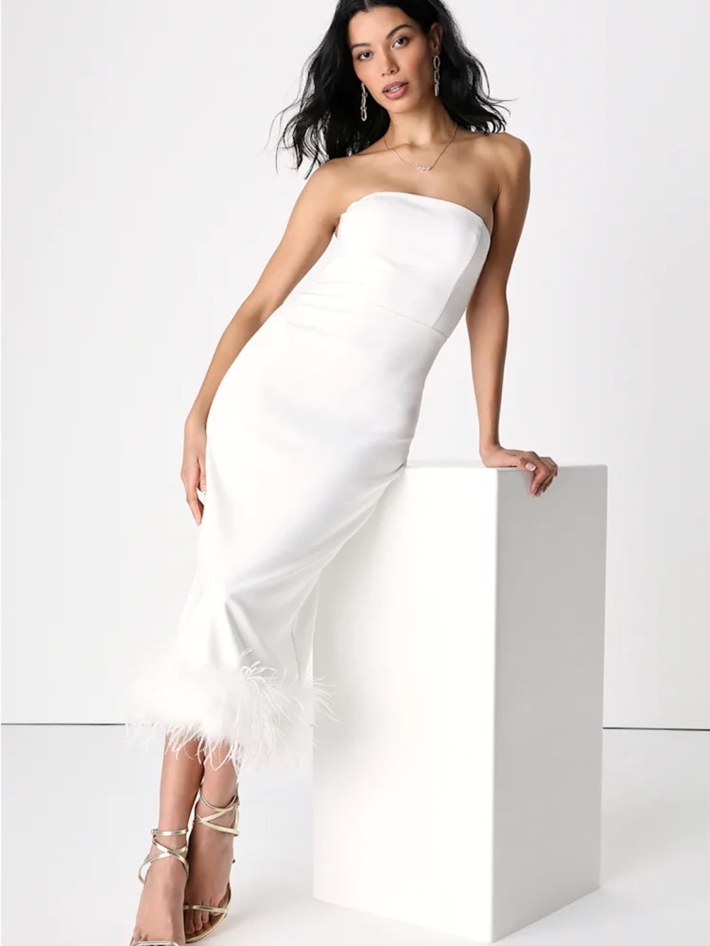 Lulu's Strapless White Feather-Hem Midi Dress